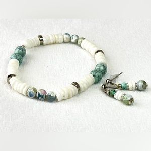 Beautiful Sea-foam Agate Stone, Sea Shells and Silver Bracelet and Earring set.